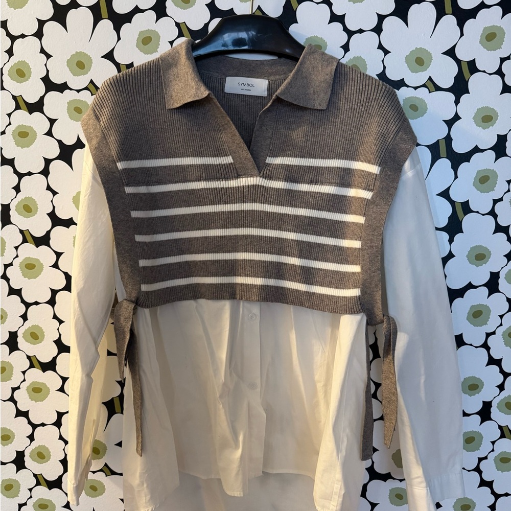 Brown and White Striped Knit Vest with Cream Shirt